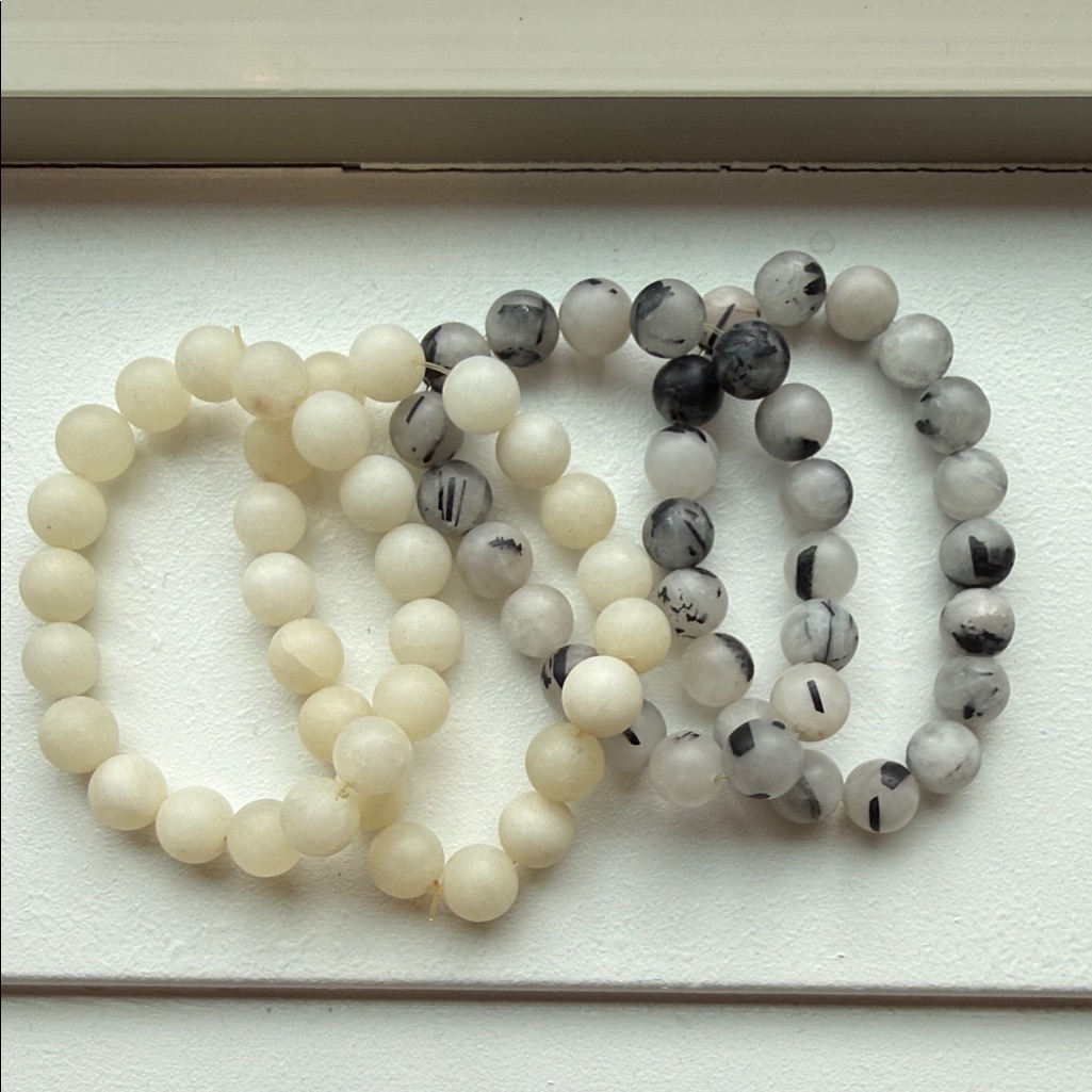 Matte White And Black Marbled Stone Bead Bracelets - Set Of 4.Bombshell Beads